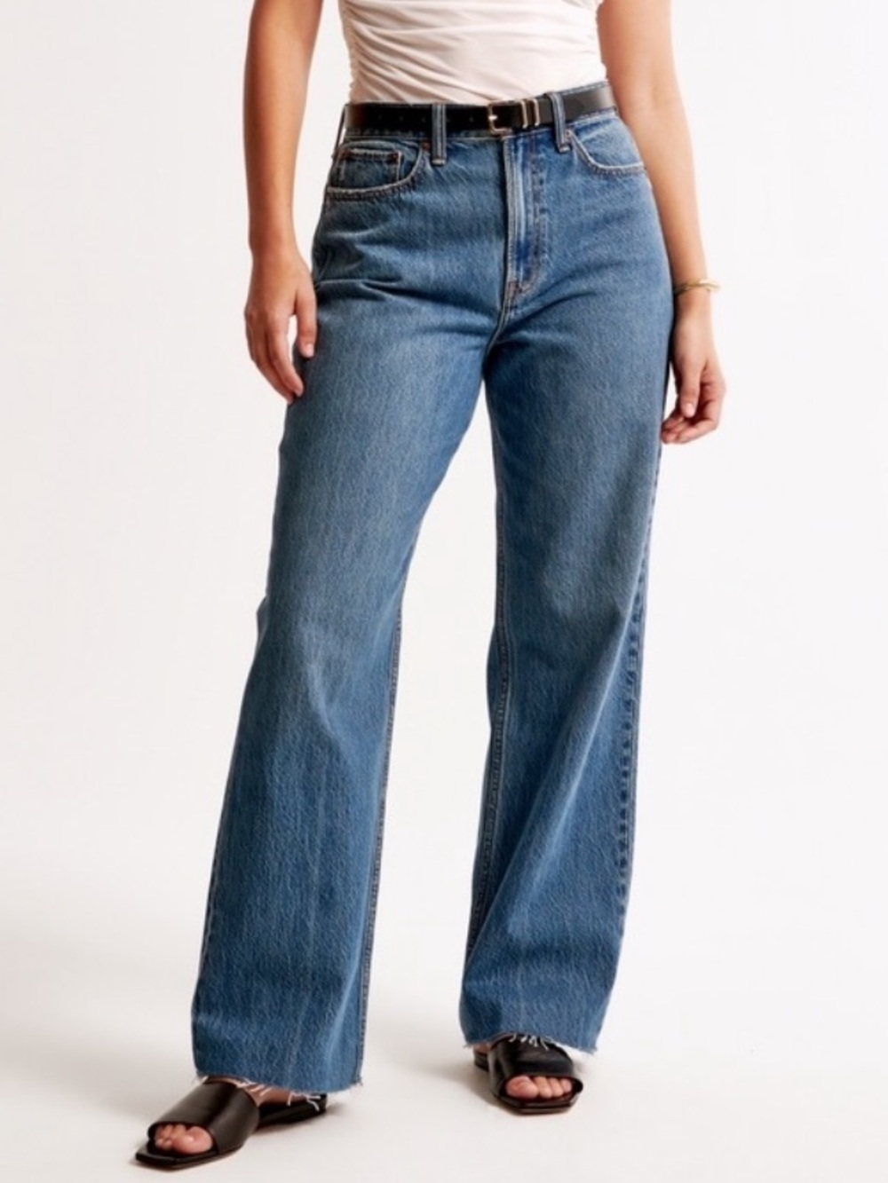 Abercrombie & Fitch Loose High Rise Denim Jeans Wide Leg Raw Hem 26/2 Curve Love